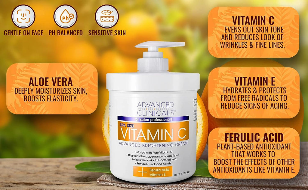 Advanced Clinicals Vitamin C Face &amp; Body Cream Moisturizing Skin Care Lotion, Anti Aging Vitamin C Skincare Moisturizer For Body, Face, Age Spots, Wrinkles, &amp; Sun Damaged Skin, Large 16oz (2-Pack)