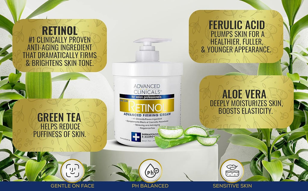 Advanced Clinicals Retinol Cream + Hyaluronic Acid Body Lotion &amp; Face Moisturizer Skin Care Set | Fragrance Free Retinol Body Cream &amp; Hyaluronic Acid Lotion For Crepey Skin, Stretch Marks, &amp; Dry Skin