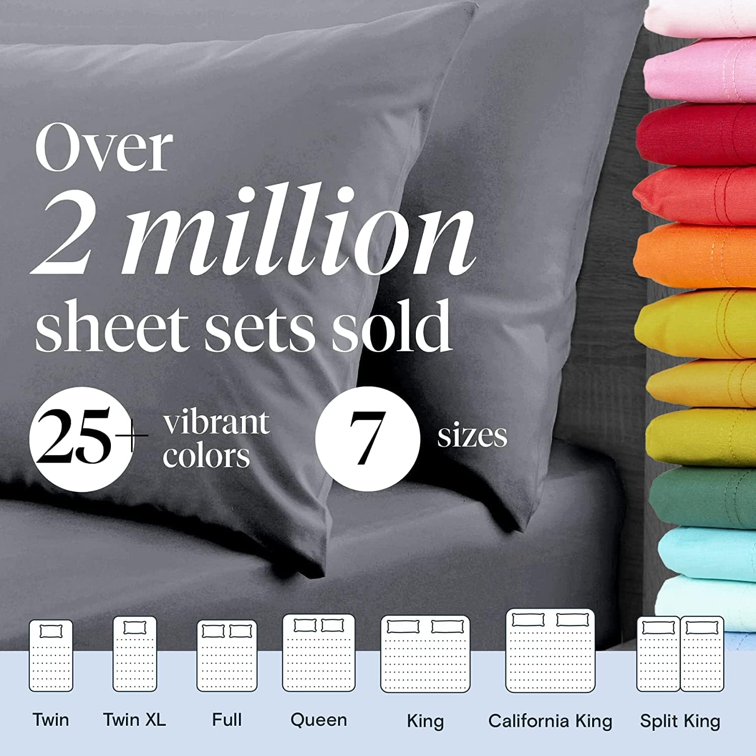 LuxClub 7 PC Extra Deep Pocket Split King Sheets &amp; Pillowcases Set - Hotel Bedding Silky Soft Eco Friendly Wrinkle Free Ultra Soft Cooling Bed Sheet Set deep Pocket up to 21" (Split King, Light Grey)