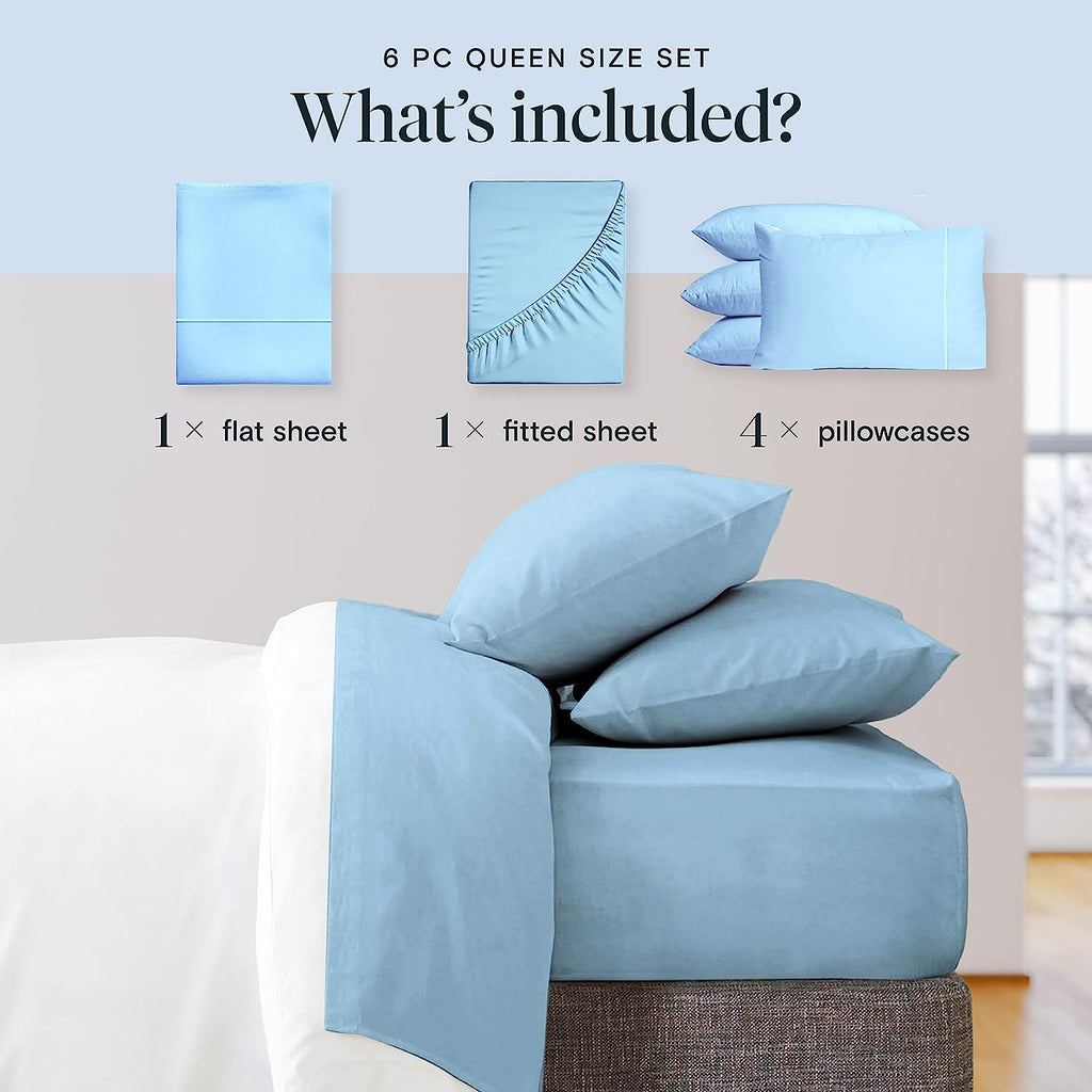 LuxClub 6 PC Queen Sheet Set Bamboo Sheets Deep Pockets 18" Eco Friendly Wrinkle Free Cooling Sheets Machine Washable Hotel Bedding Silky Soft - Sky Queen
