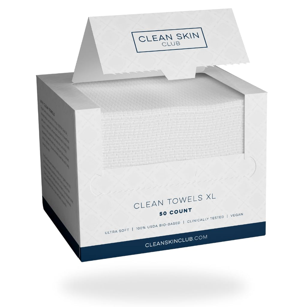 Clean Skin Club Clean Towels XL, USDA Certified 100‪%‬ Biobased Dermatologist Approved Face Towel, Disposable Face Towelette, Facial Washcloth, Makeup Remover Dry Wipes, Ultra Soft, 150 count, 3 pack
