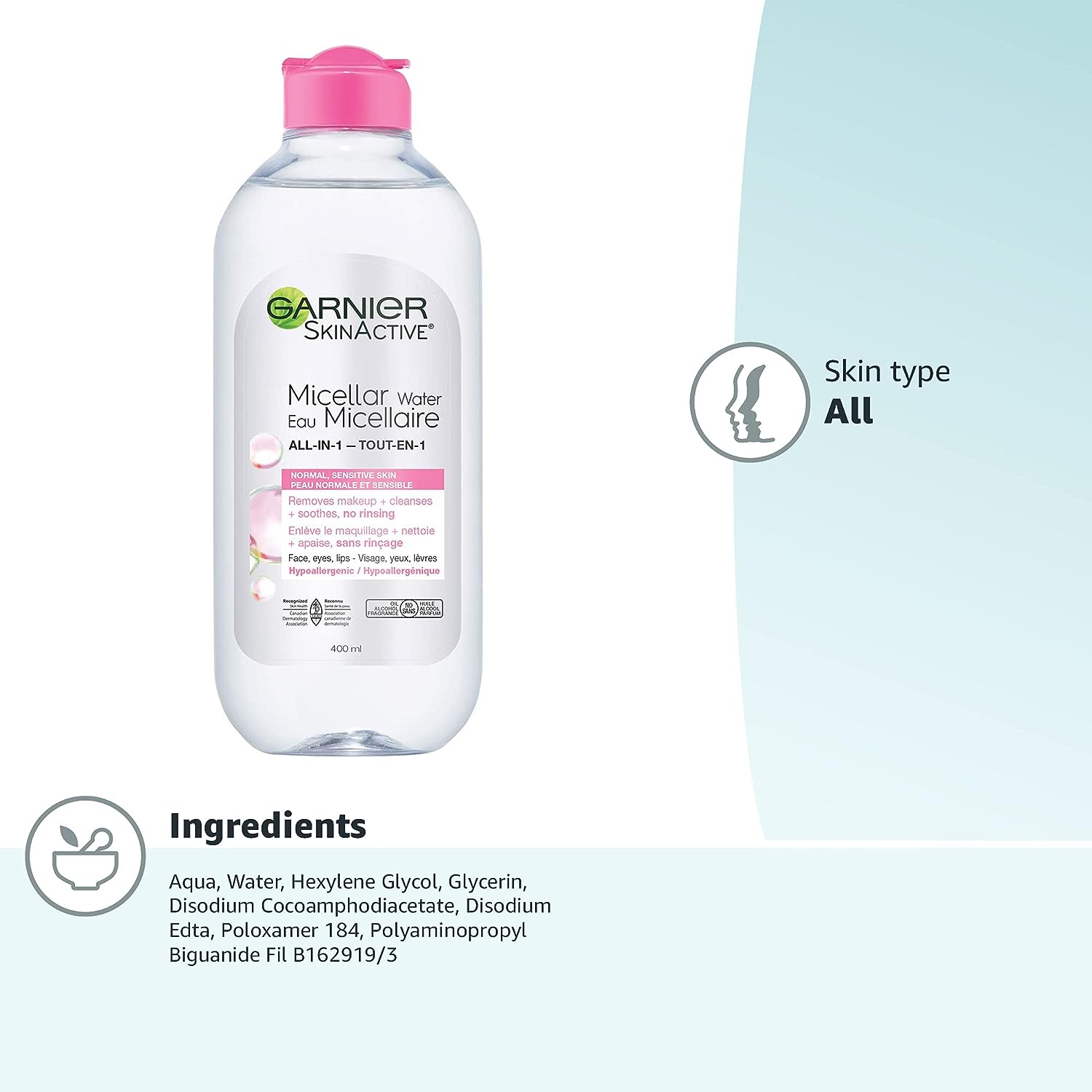 Garnier SkinActive Micellar Water for All Skin Types, Facial Cleanser &amp; Makeup Remover, 13.5 Fl Oz (400mL), 1 Count (Packaging May Vary)