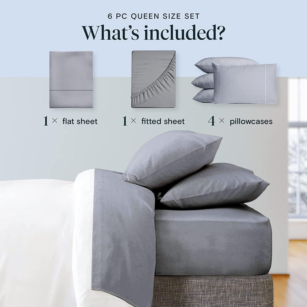 LuxClub 6 PC Extra Deep Pocket King Size Sheets &amp; Pillowcases Set - Hotel Bedding Silky Soft Eco Friendly Wrinkle Free Ultra Soft Cooling Bed Sheet Set deep Pocket up to 21" (King, Light Grey)