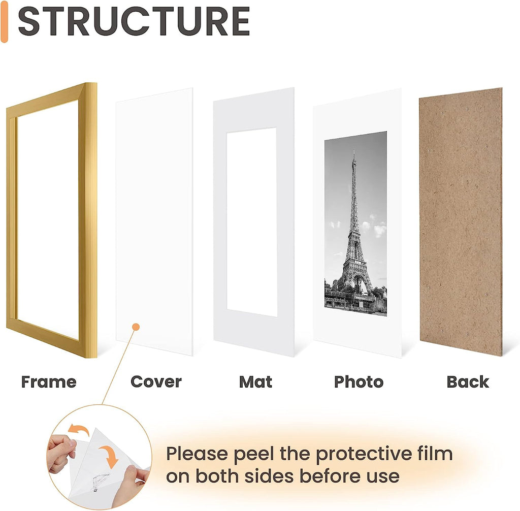 upsimples A3 Picture Frame Set of 5, Display Pictures 8.3x11.7 with Mat or 11.7x16.5 Without Mat, Wall Gallery Poster Frames, Gold
