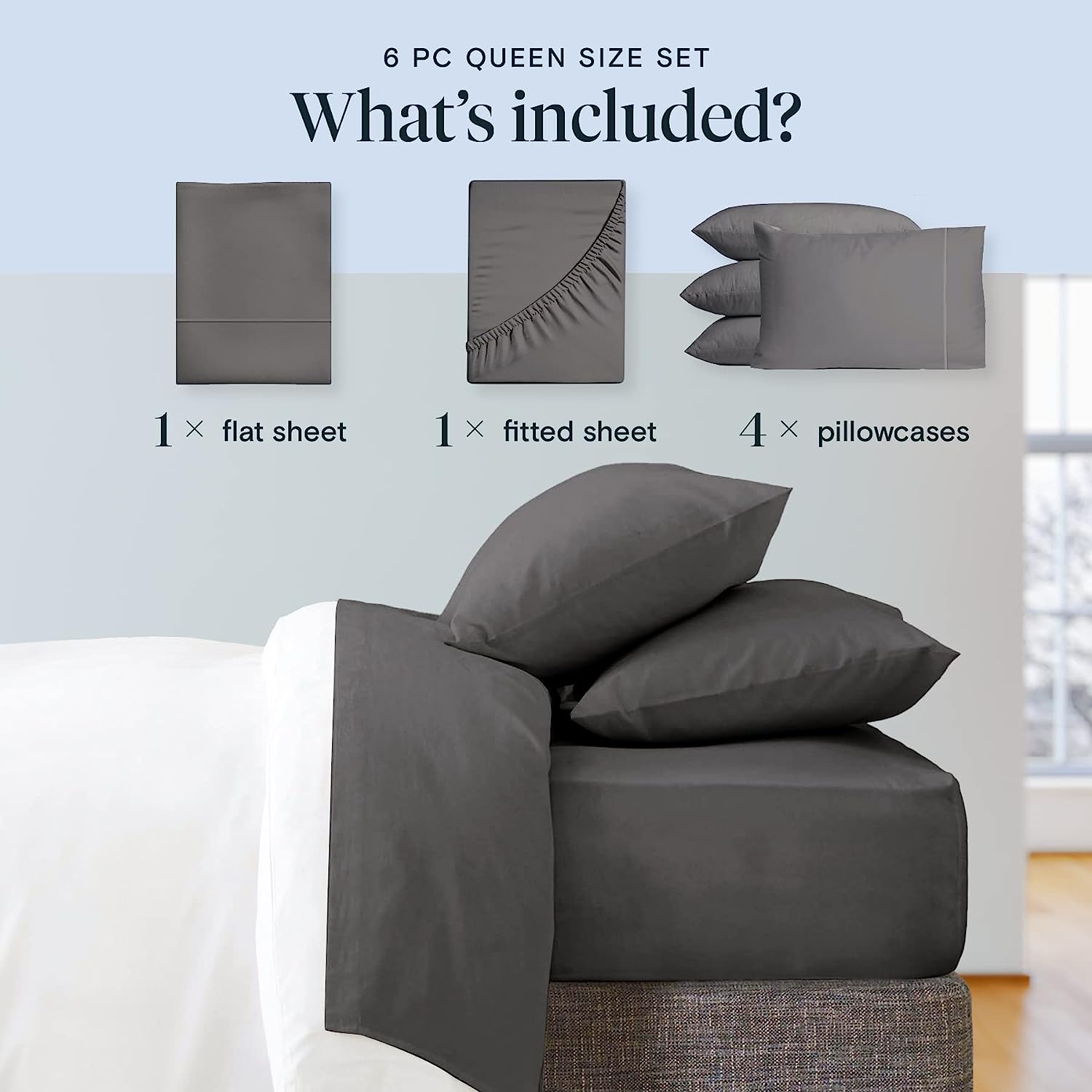 LuxClub 6 PC Queen Sheet Set Bamboo Sheets Deep Pockets 18" Eco Friendly Wrinkle Free Machine Washable Hotel Bedding Silky Soft - Dark Grey Queen