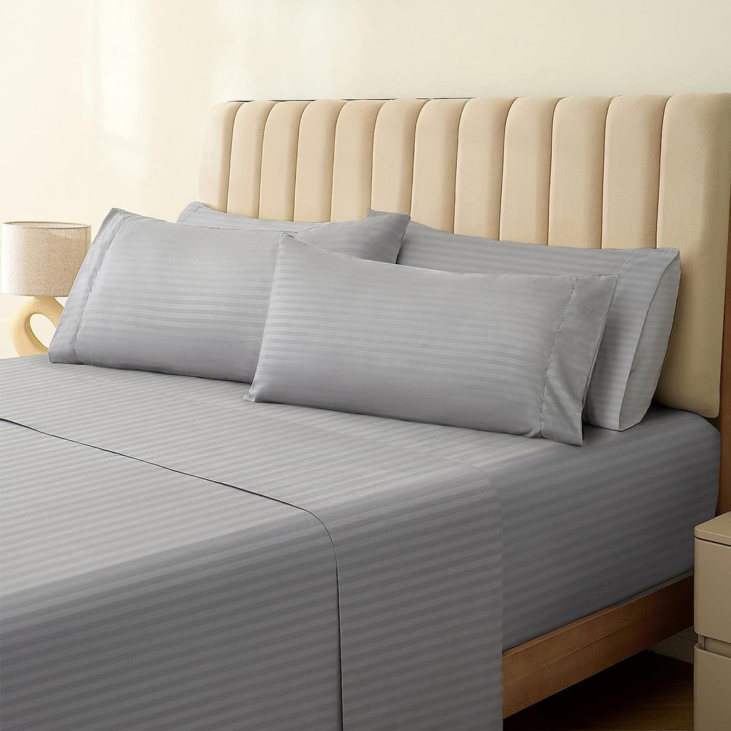 LuxClub Striped Sheets Set, 6 PC Striped Bed Sheets Full Size, Deep Pockets 18" Eco Friendly Wrinkle Free Cooling Sheets Machine Washable Hotel Bedding Silky Soft (Full, Striped Light Grey)